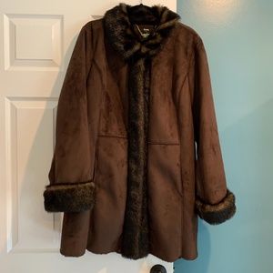 Dennis Basso Suede Coat w/Faux Fur Collar & Trim
